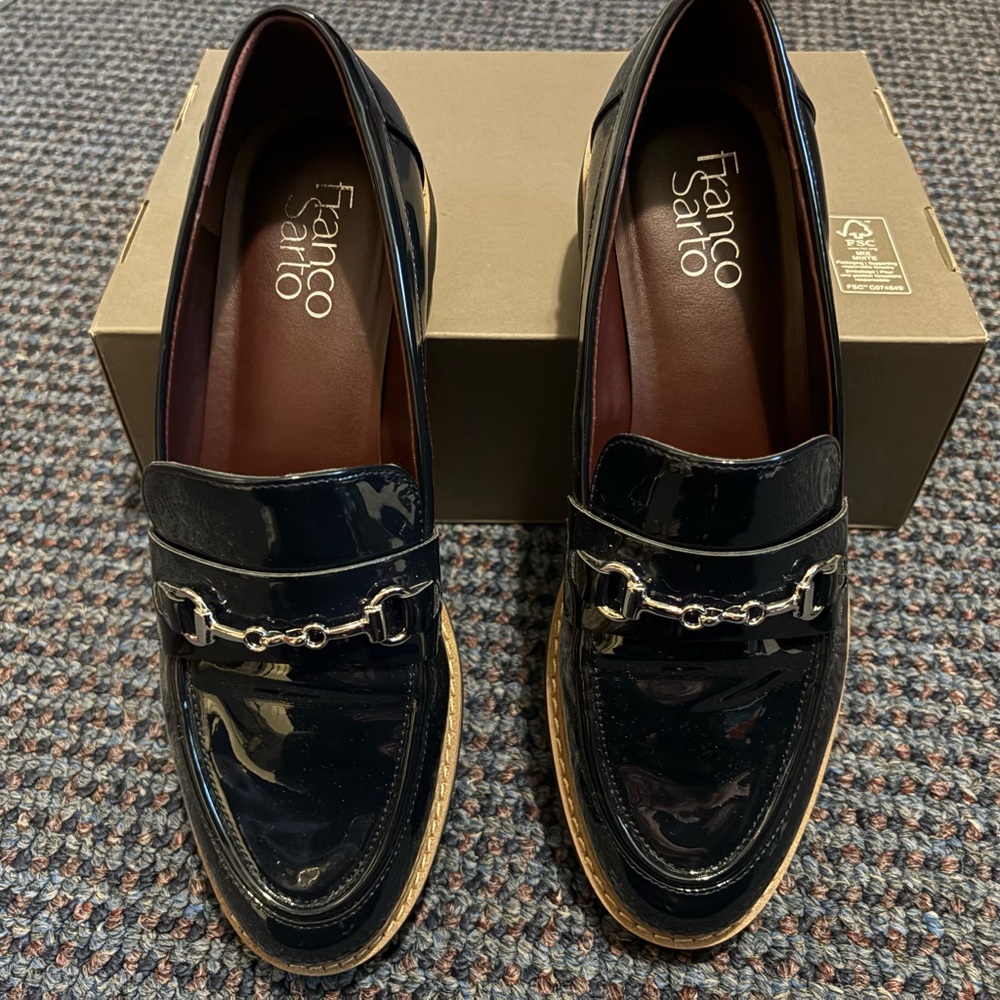 Franco Sarto Women’s Inky Blue Leather Bit Loafers with Silver Hardware